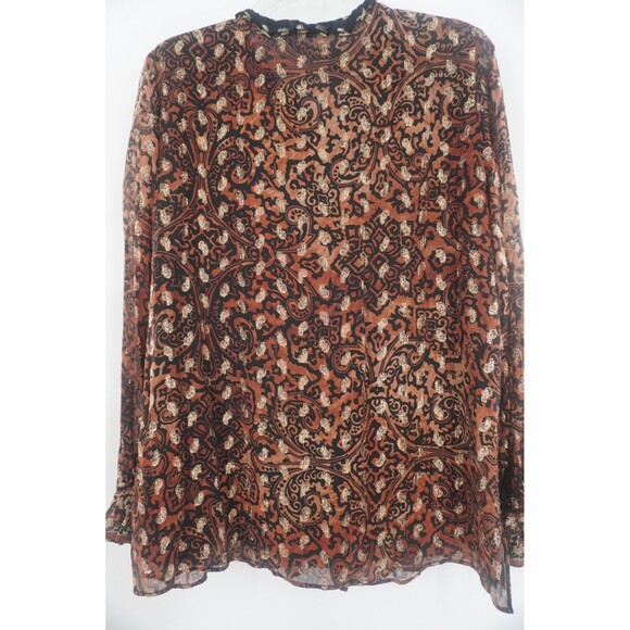 Kobi Halperin Women Dayna Metallic Paisley Gold Brown Ruffle Blouse Size M - Picture 7 of 12